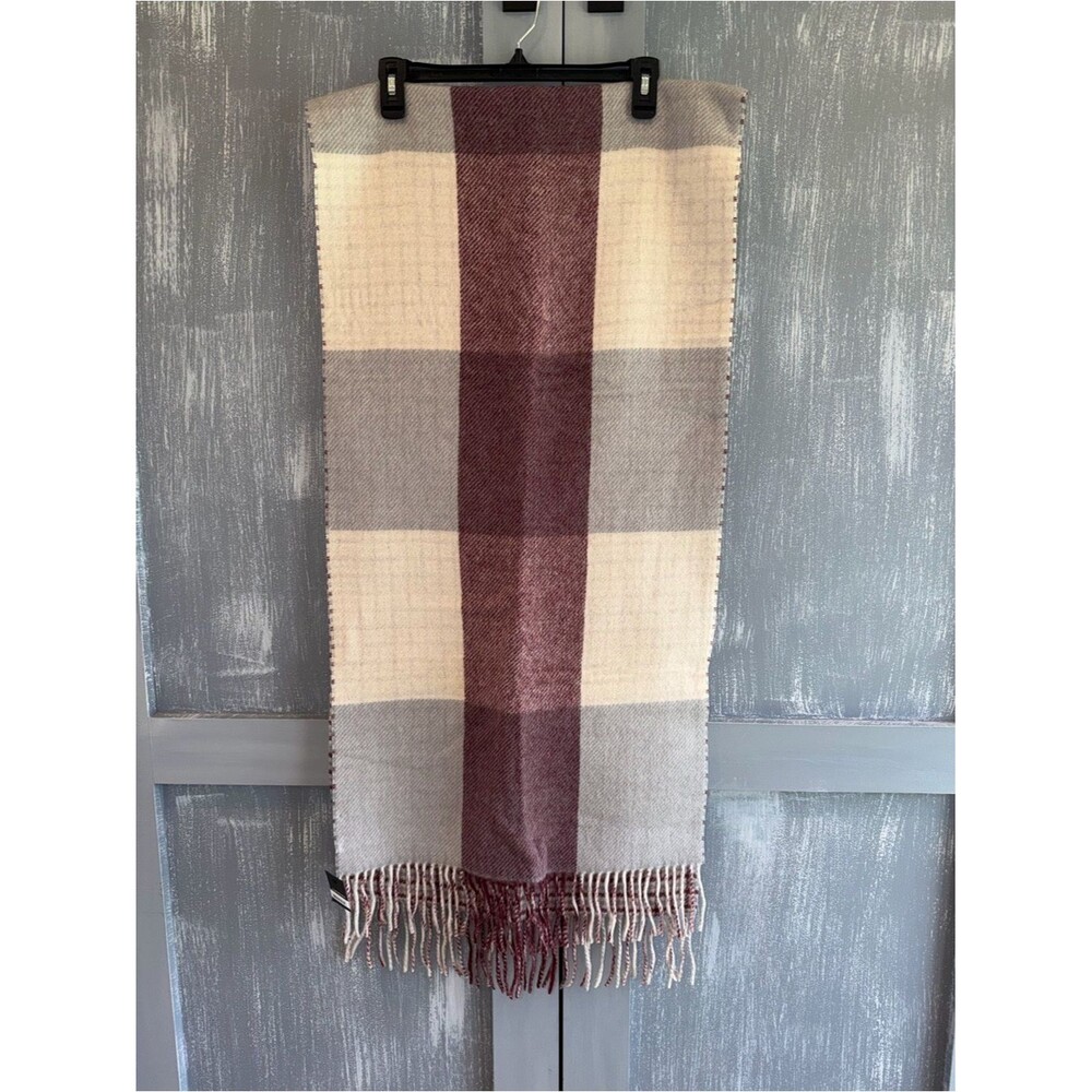 Mackage 100% Wool Plaid Fringe Scarf Burgundy Gray Cream NWT Oversized